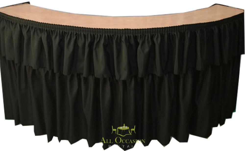 Sepentine bar with black draping for events, ideal for wedding and party rentals in Corona CA.