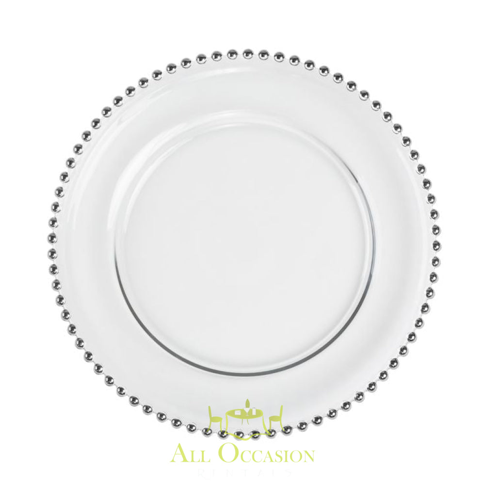 Silver Beaded Glass Charger Plates.