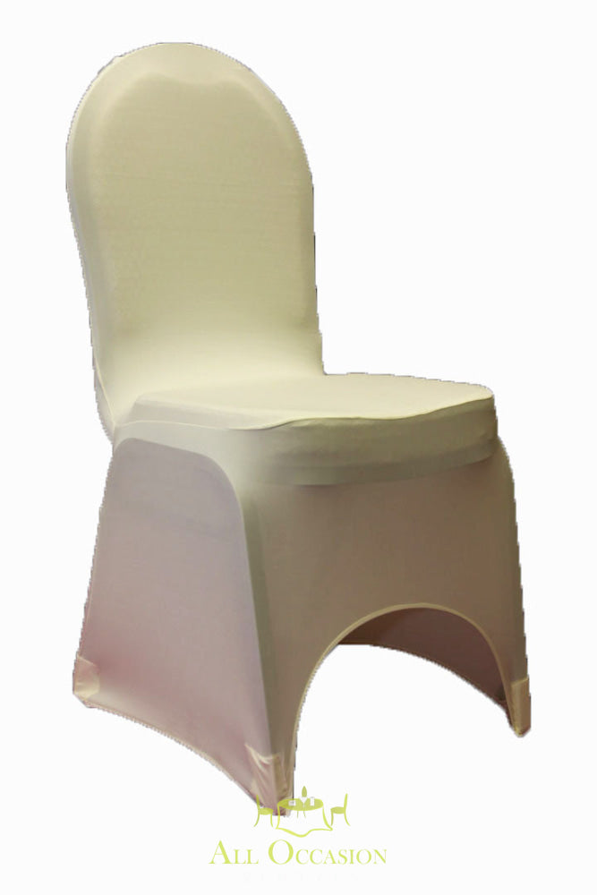 Ivory spandex chair cover, ideal for rentals in Corona, enhancing events with stylish seating solutions.