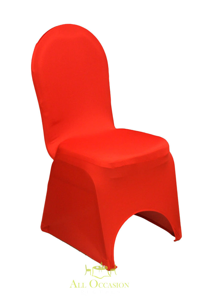 Spandex red chair cover ideal for indoor and outdoor events, perfect for Corona event rentals and weddings.