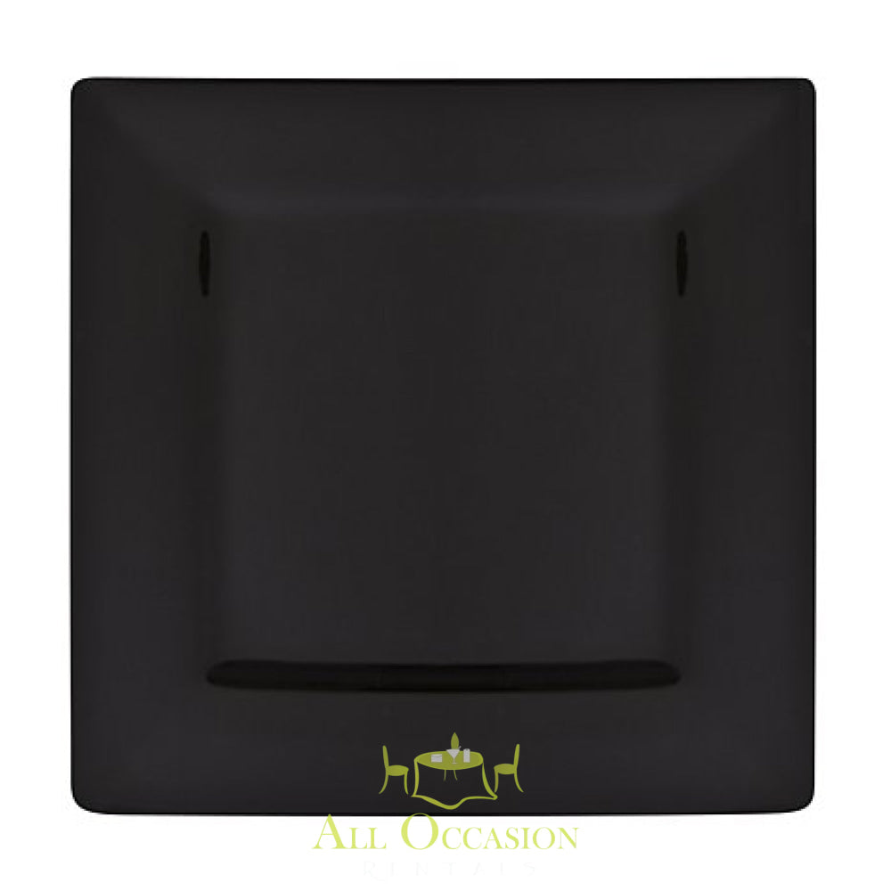 Square black charger plate ideal for event rentals, perfect for weddings and celebrations in Corona and Inland Empire.