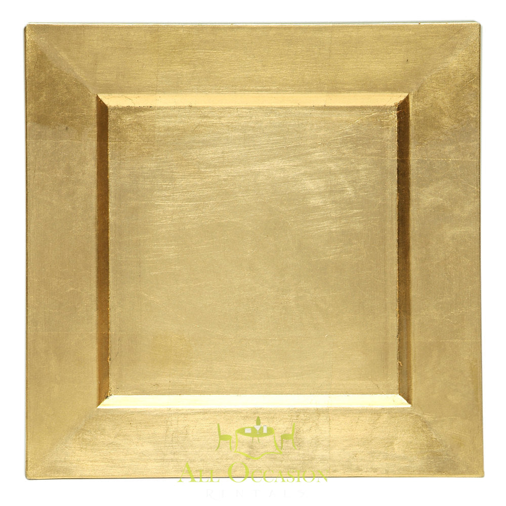 Square gold charger plate perfect for Corona party rentals and wedding accessories rental in the Inland Empire.