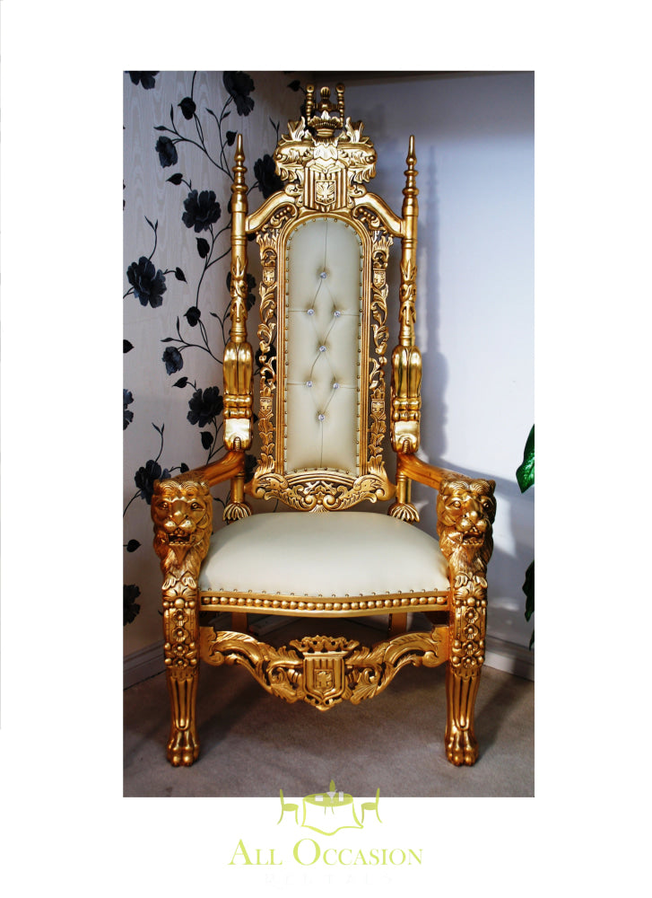 Gold lion king throne chair rental for elegant events, perfect for Corona party rentals and wedding accessories rental.