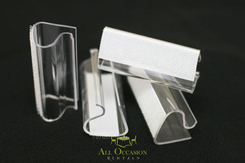 Table skirt clips for events, perfect for banquet and reception table linen rentals in Corona.