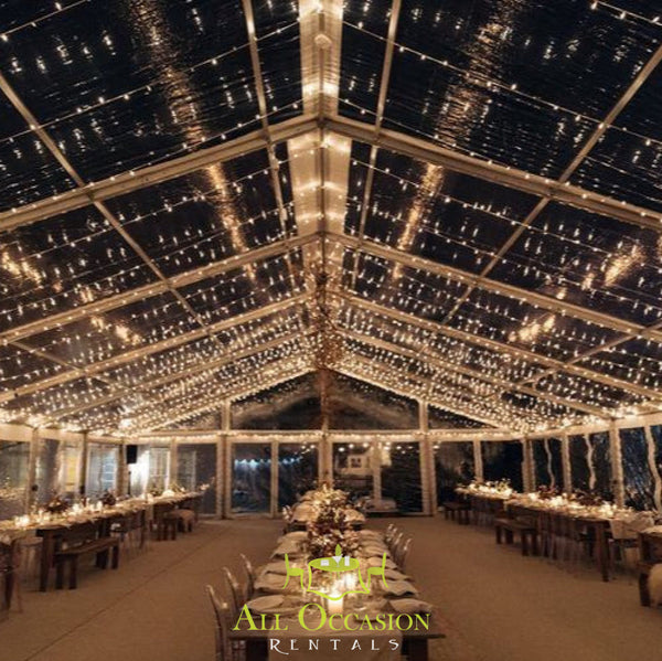 Elegant indoor tent lighting with twinkle lights for events in Corona, ideal for weddings and banquets.