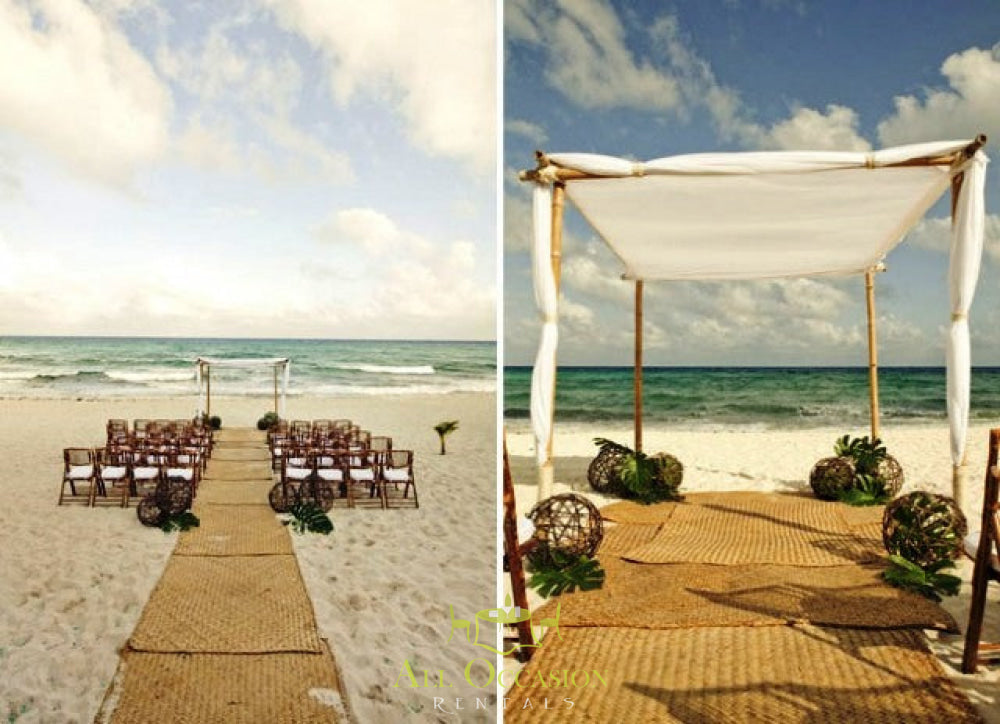 Bamboo chuppah with white draping on beach, perfect for wedding, event rentals in Corona, tent rentals in Corona CA.