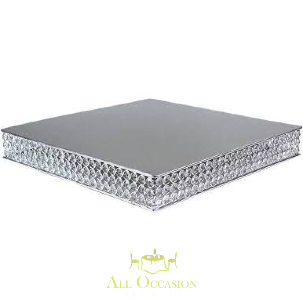 20" square crystal cake stand perfect for weddings and events, available through Corona event rentals.