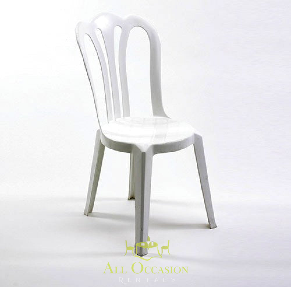 White rental chair for events in Corona, perfect for weddings and parties, available through Corona event rentals.