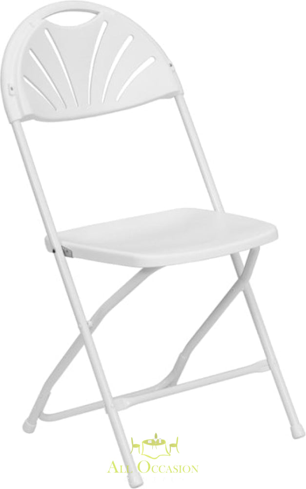 White fan plastic folding chair for rent, ideal for weddings and events in Corona and Inland Empire.