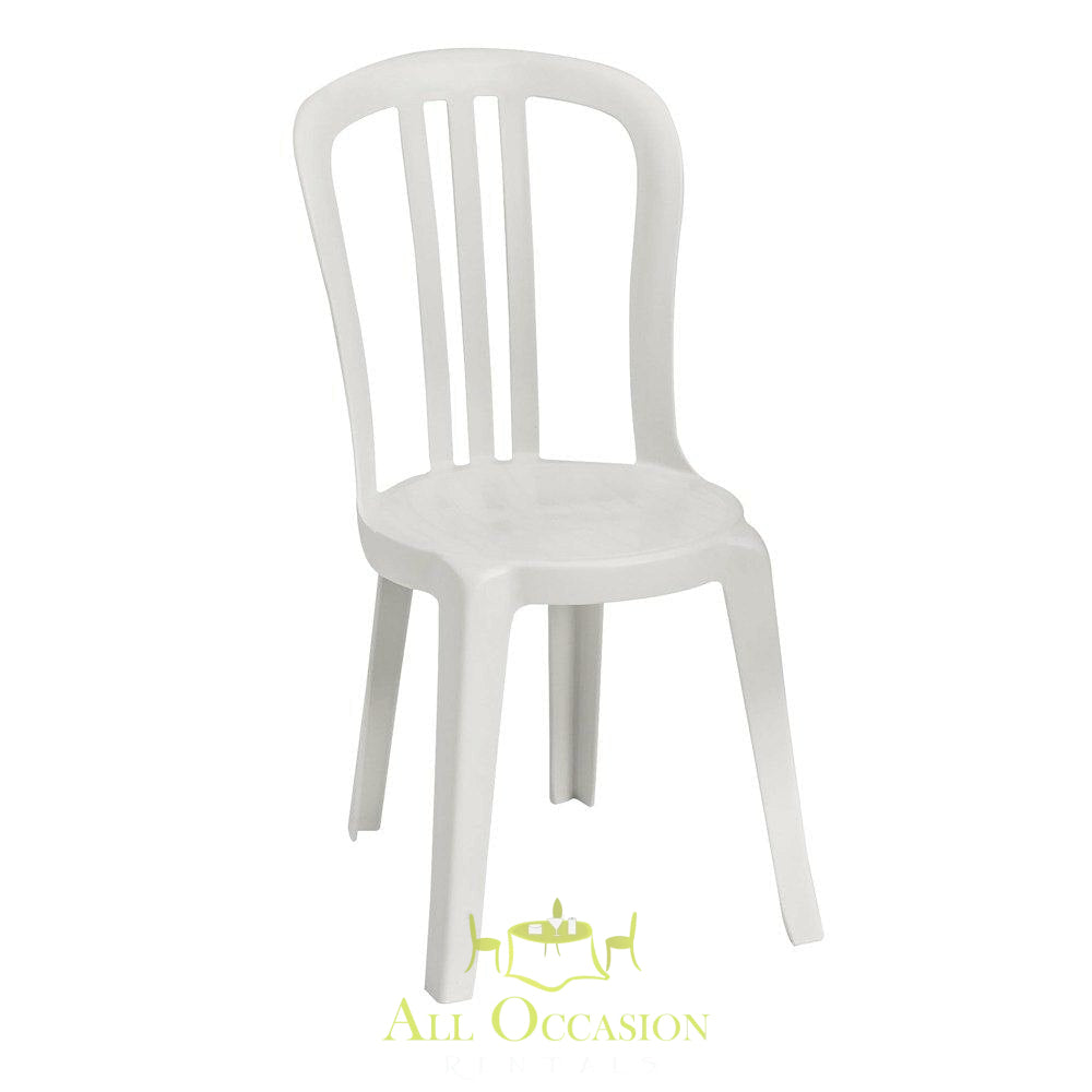 White bistro chair for event rentals in Corona, perfect for weddings and parties.