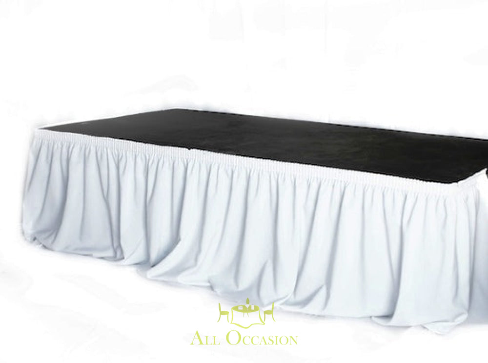White skirting for banquet tables, perfect for event rentals in Corona, CA. Ideal for weddings and parties.