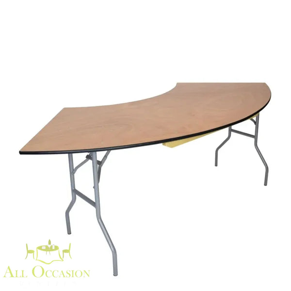 Serpentine Table Rental for buffets, bars, and displays with a curved surface and metallic legs.