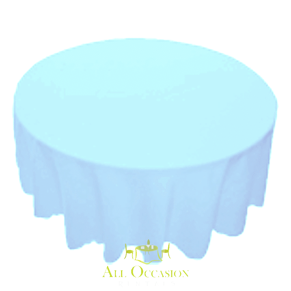120 inch round baby blue polyester tablecloth for event rentals in Corona, ideal for weddings and parties.