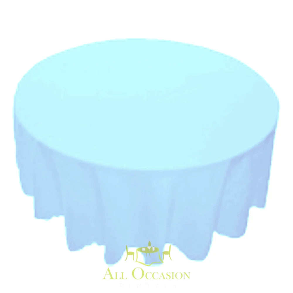 120 inch round baby blue polyester tablecloth for event rentals in Corona, ideal for weddings and parties.