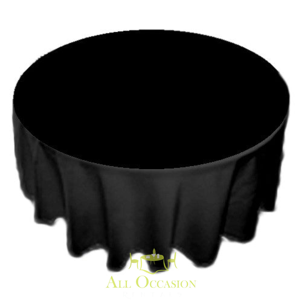 90 inch round black polyester tablecloth for event rentals in Corona, perfect for weddings and parties.