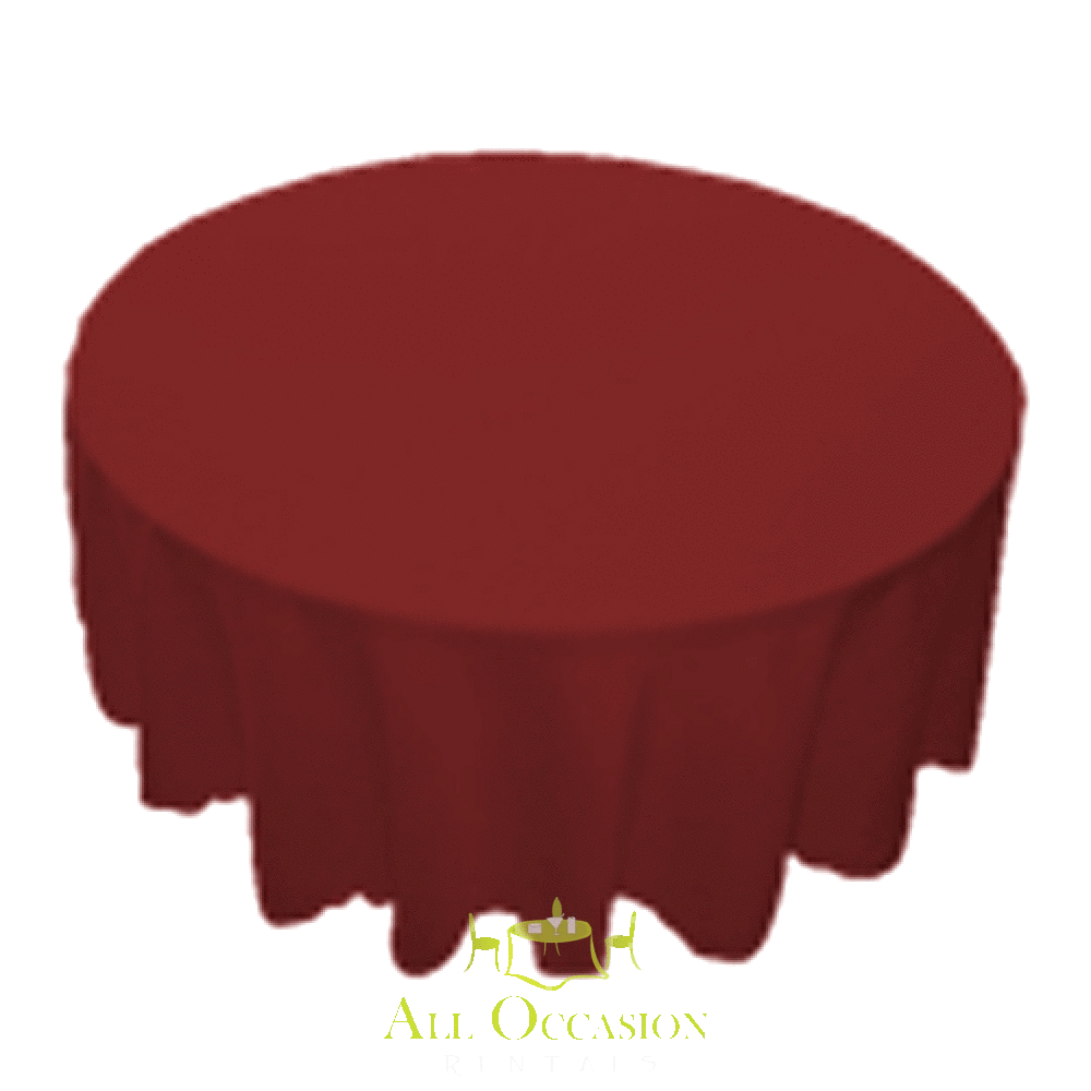 120 inch round burgundy polyester tablecloth for event rentals in Corona, perfect for weddings and parties.