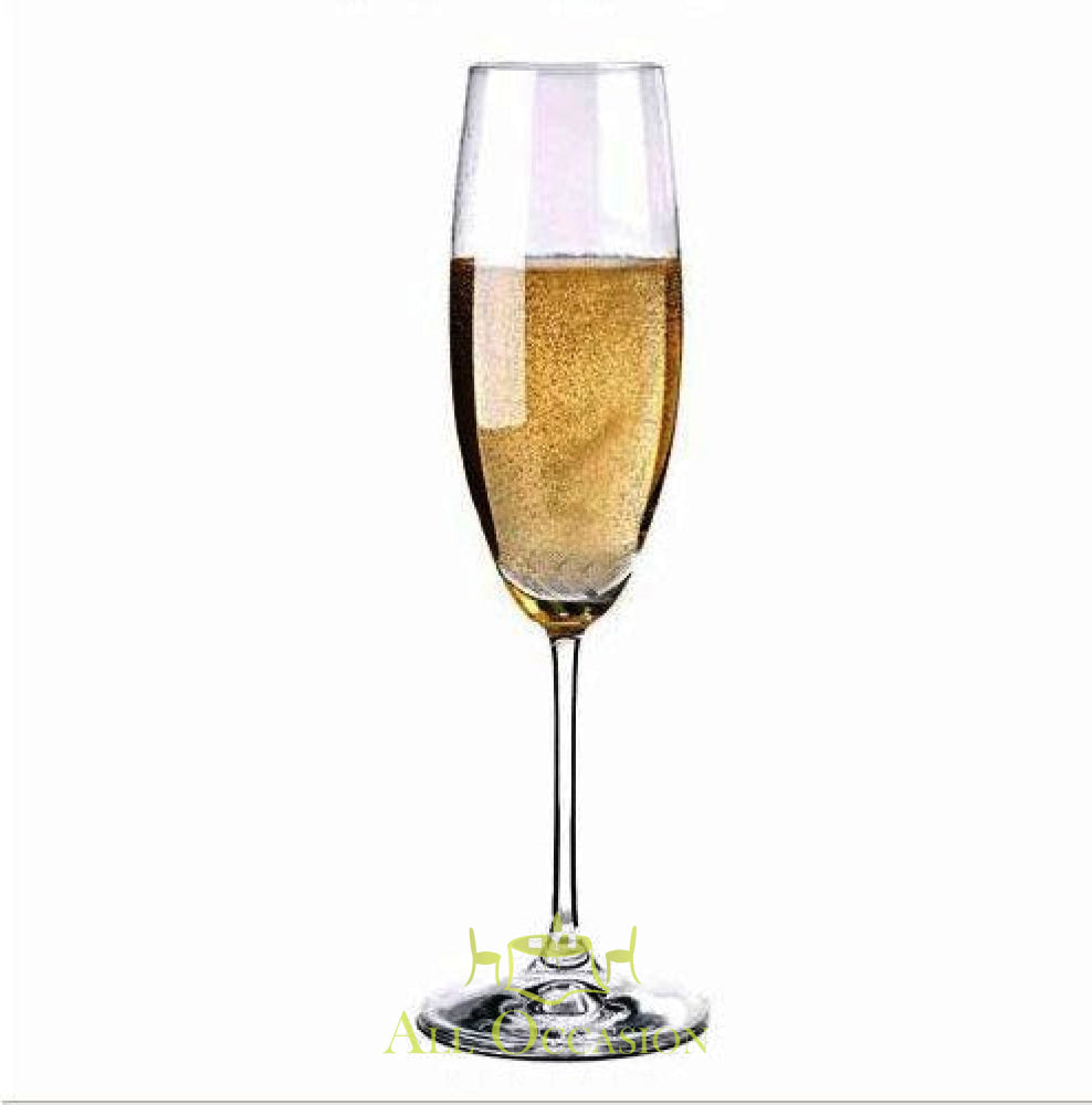 Champagne flute glass for event rentals in Corona; perfect for weddings and parties.