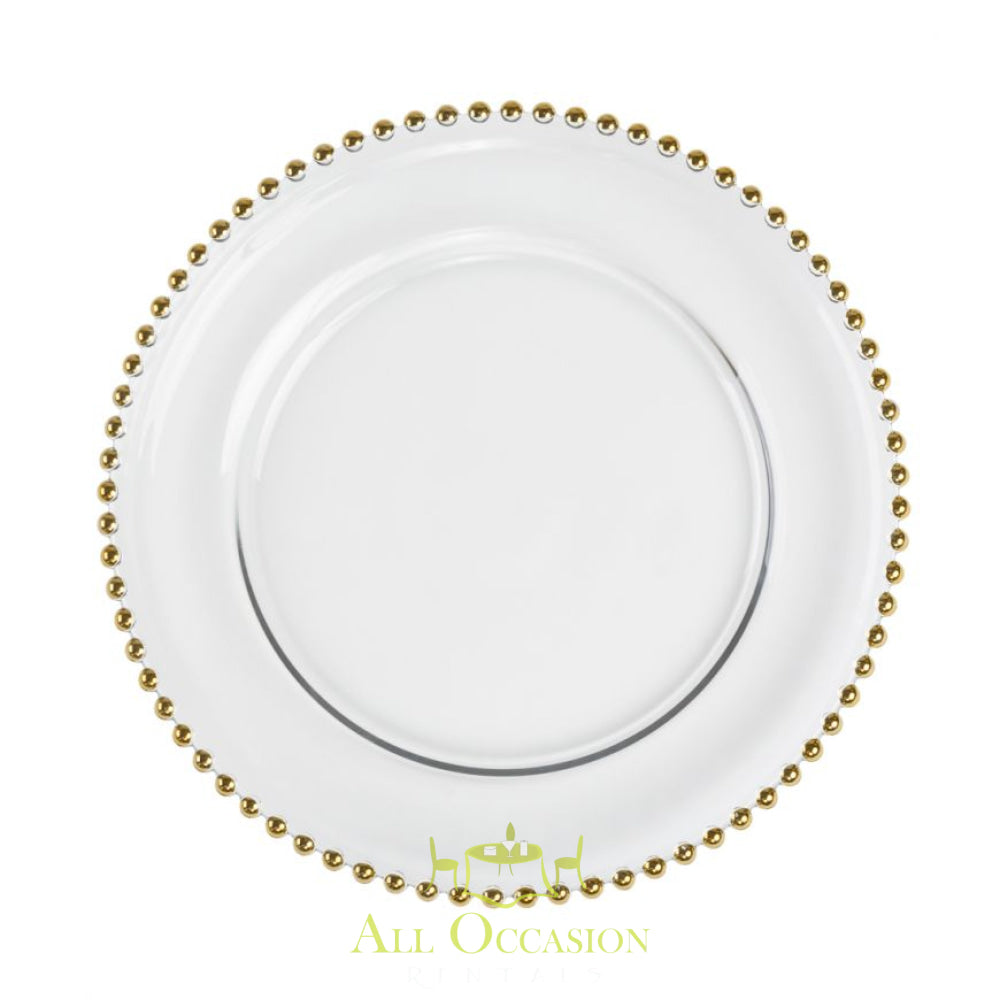 Elegant 13" gold beaded glass charger plate for rentals at weddings and events in Corona and Inland Empire.