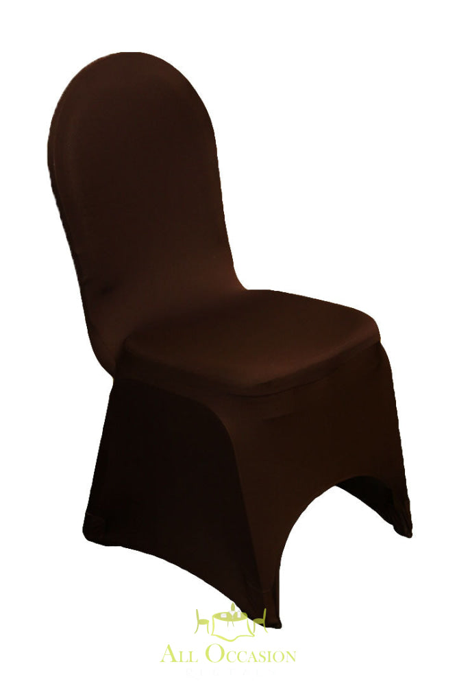 Chocolate spandex chair cover for event rentals in Corona, perfect for weddings and parties.