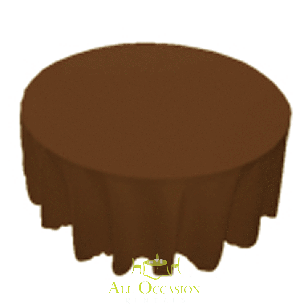 120 inch round chocolate polyester tablecloth ideal for events and wedding rentals in Corona.