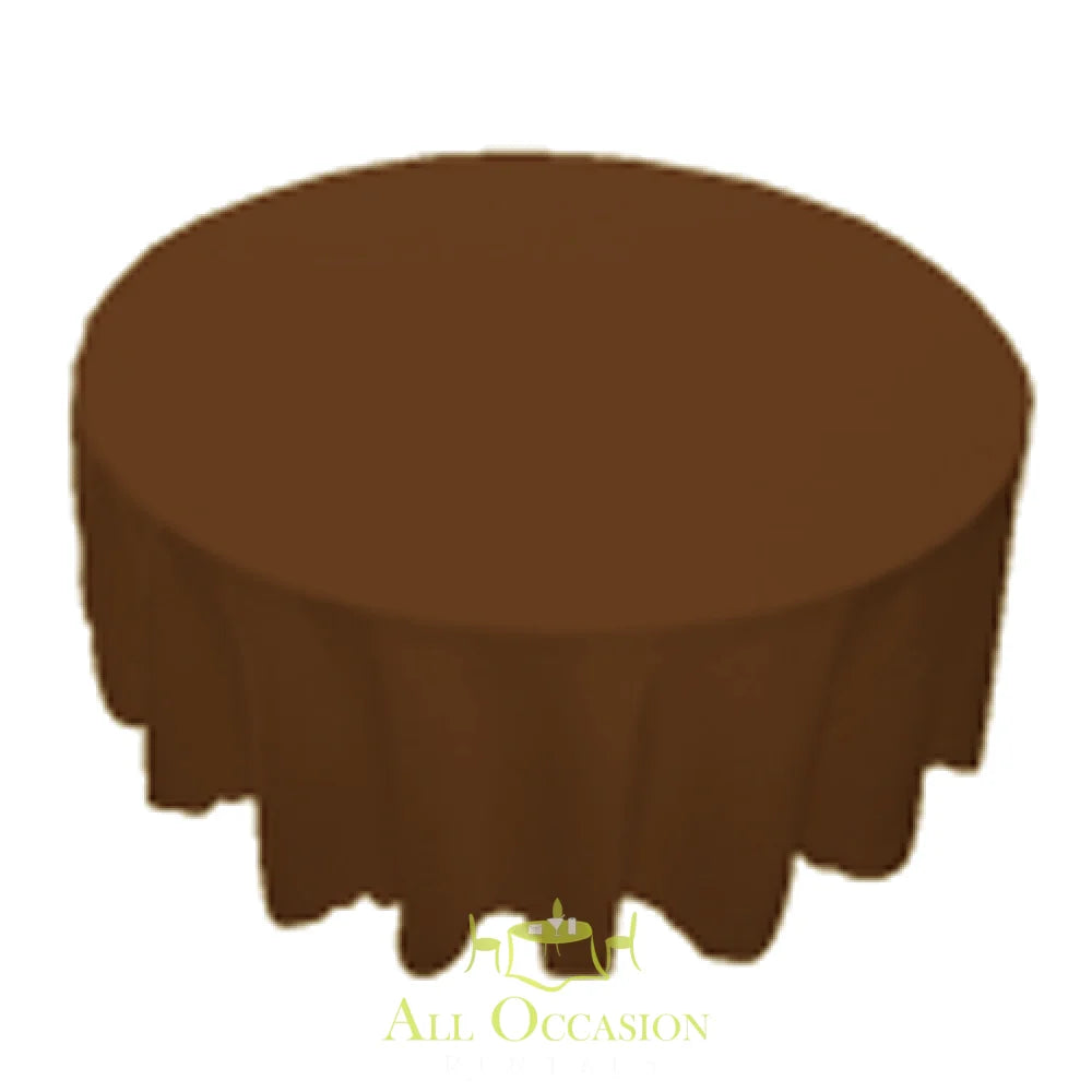 120 inch round chocolate polyester tablecloth ideal for events and wedding rentals in Corona.
