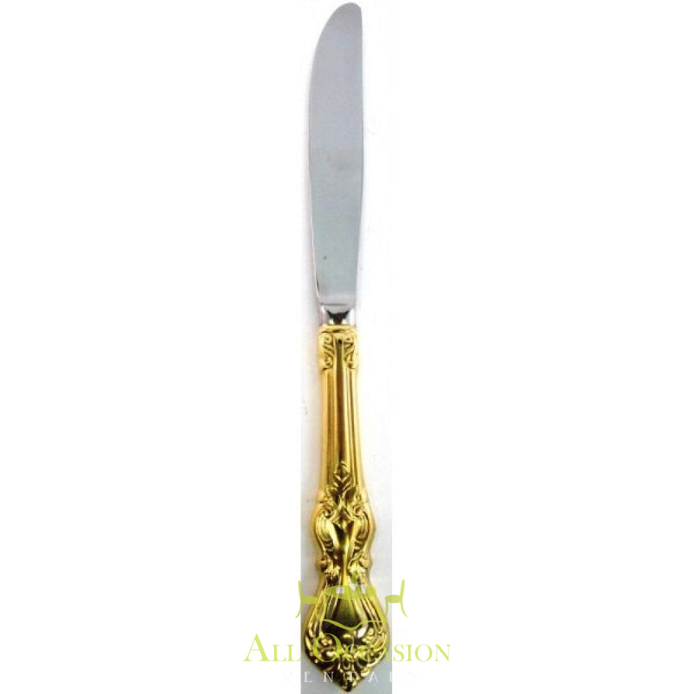 Elegant gold dinner knife perfect for Corona event rentals and wedding accessories rentals in Inland Empire.