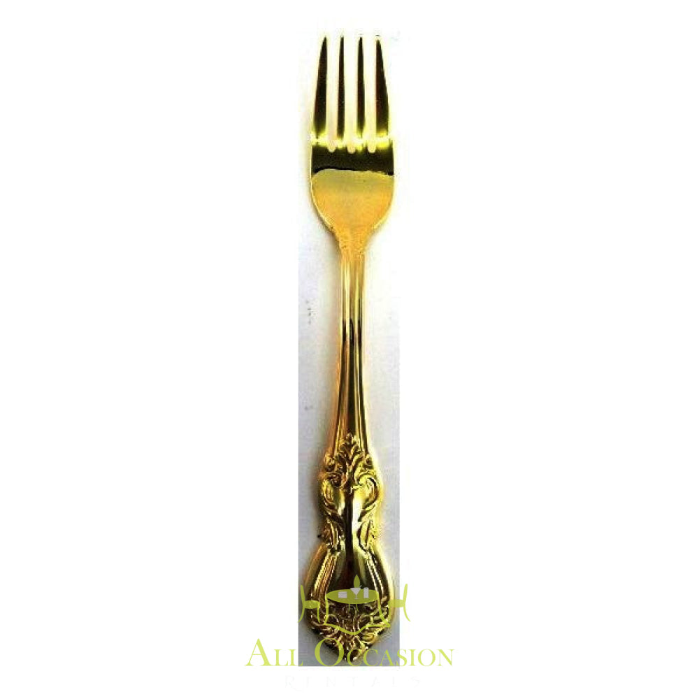 Gold dinner fork for upscale events, perfect for rentals in Corona, CA. Ideal for weddings and special occasions.