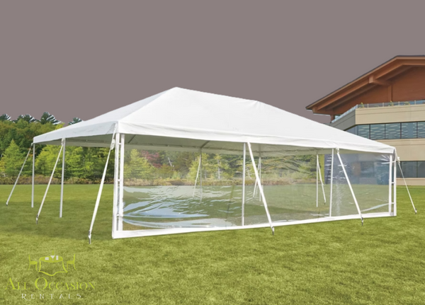 Tent Clear sidewall displayed on a large white outdoor tent in a grassy area.