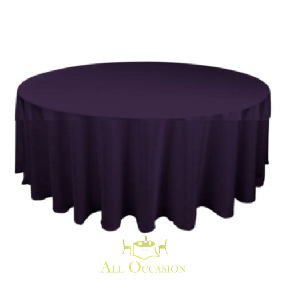 120 inch round eggplant polyester tablecloth for event rentals, perfect for weddings and parties.