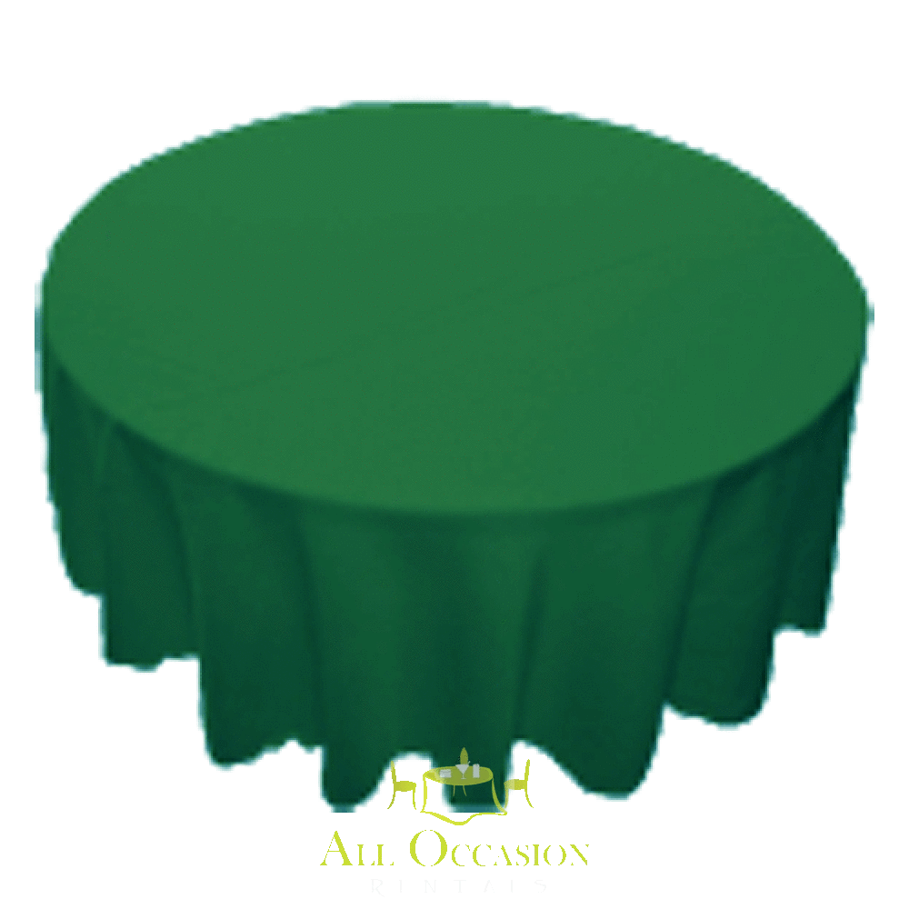 120 inch round forest green polyester tablecloth for weddings and events, ideal for Corona event rentals and banquet settings.
