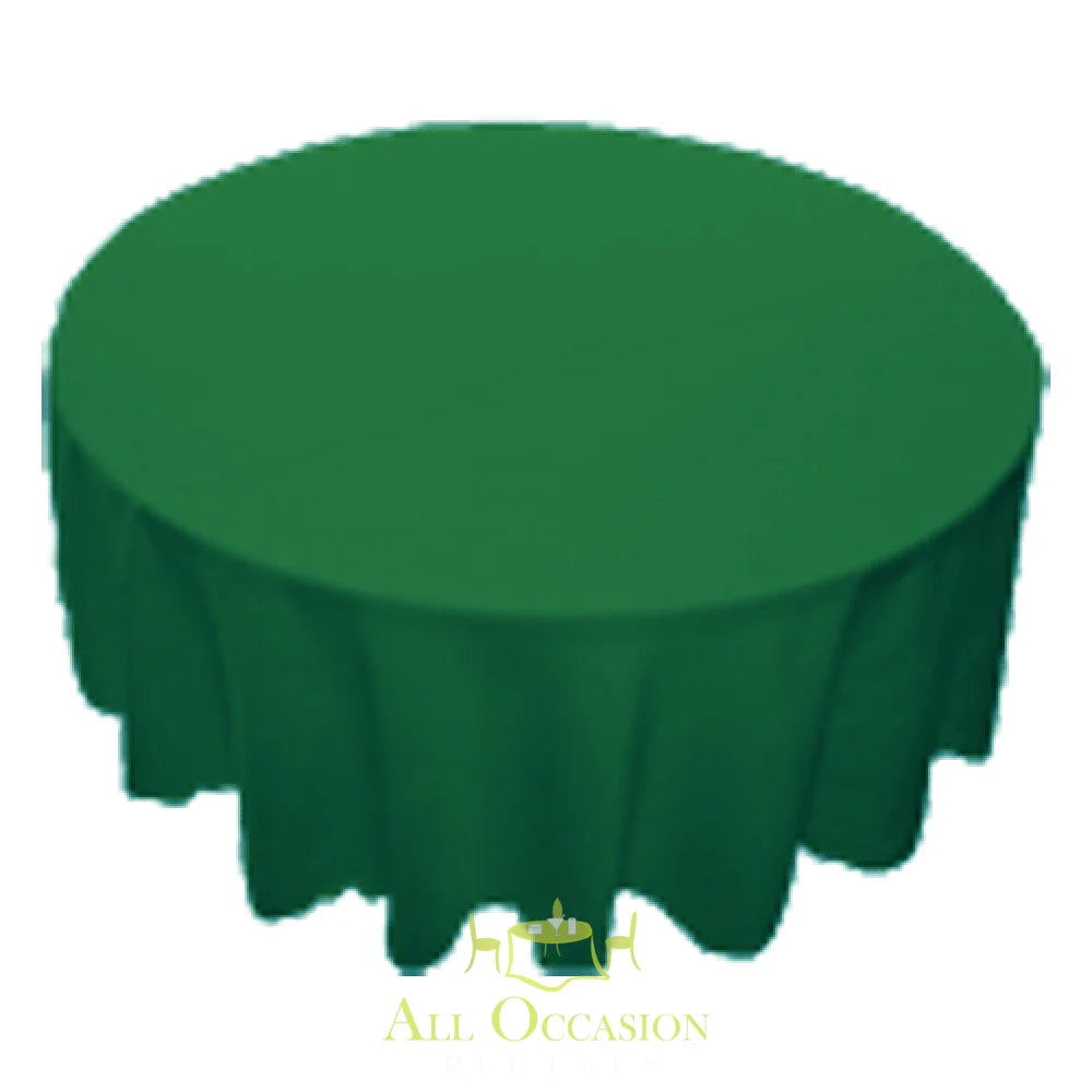 120 inch round forest green polyester tablecloth for weddings and events, ideal for Corona event rentals and banquet settings.