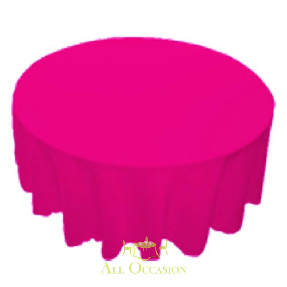 120 inch round fuchsia polyester tablecloth for events, ideal for rental in Corona for weddings, parties, and catering.