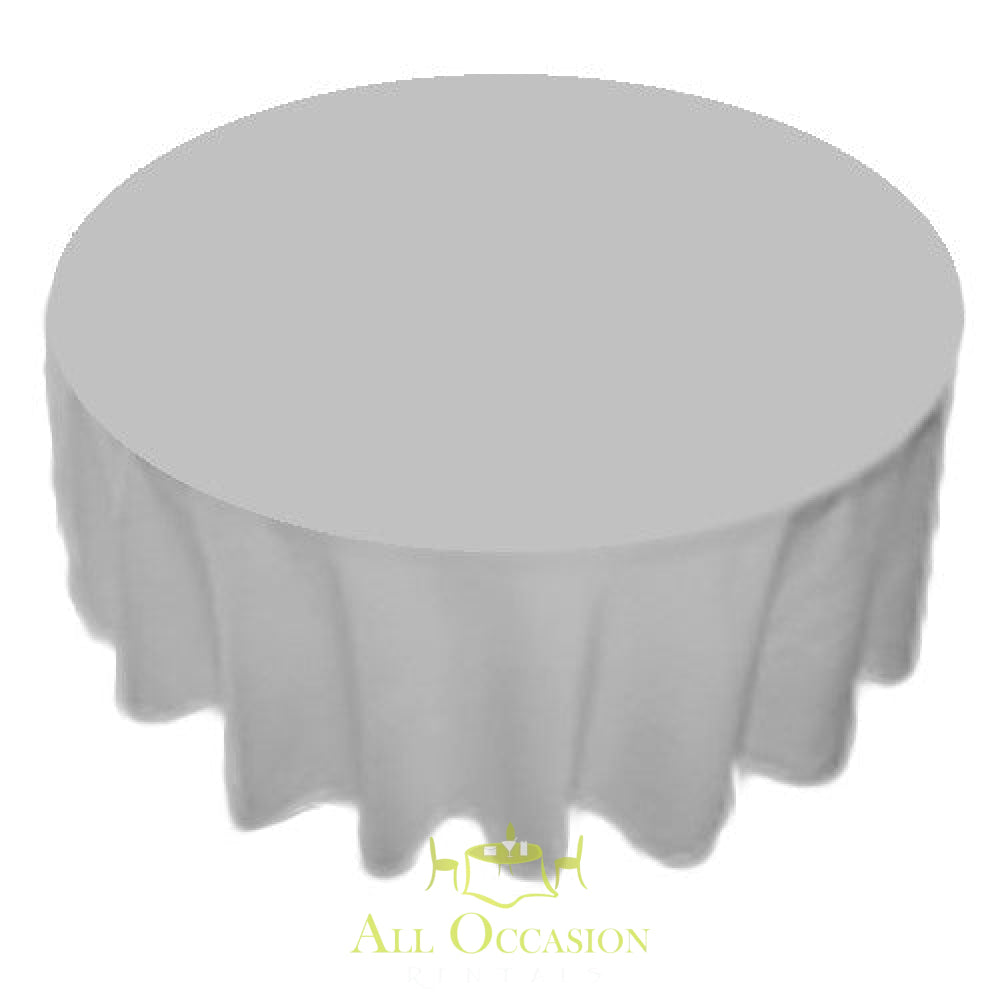 Grey 120 inch round polyester tablecloth for event rentals in Corona, perfect for weddings and parties.