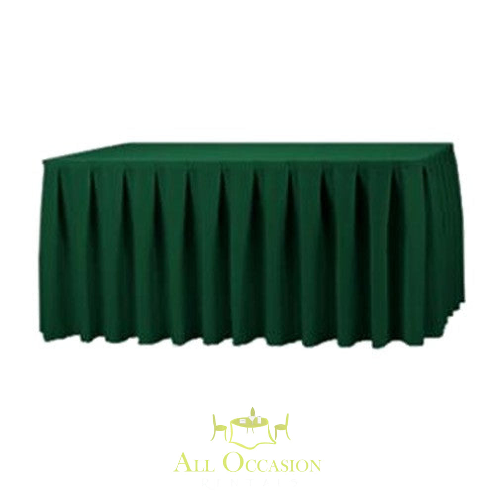 14ft hunter green polyester table skirt for events and weddings, perfect for Corona event rentals.
