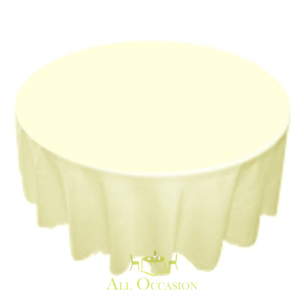120 inch round ivory polyester tablecloth, ideal for weddings and events, available at Corona event rentals.