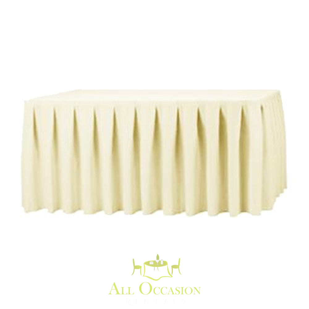 Ivory polyester table skirt for event rentals, perfect for weddings and formal occasions in Corona and Inland Empire.