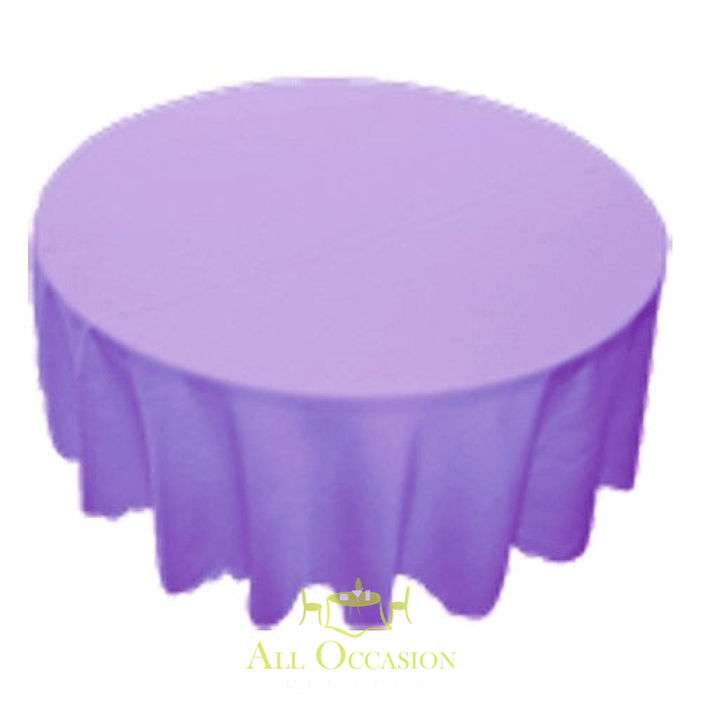 Lavender 120 inch round polyester tablecloth for wedding and event rentals in Corona, perfect for parties and banquets.