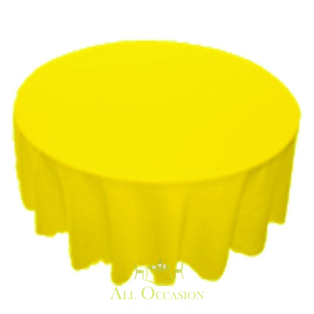 120 inch round yellow polyester tablecloth for weddings, parties, and events, perfect for rentals in Corona and Inland Empire.