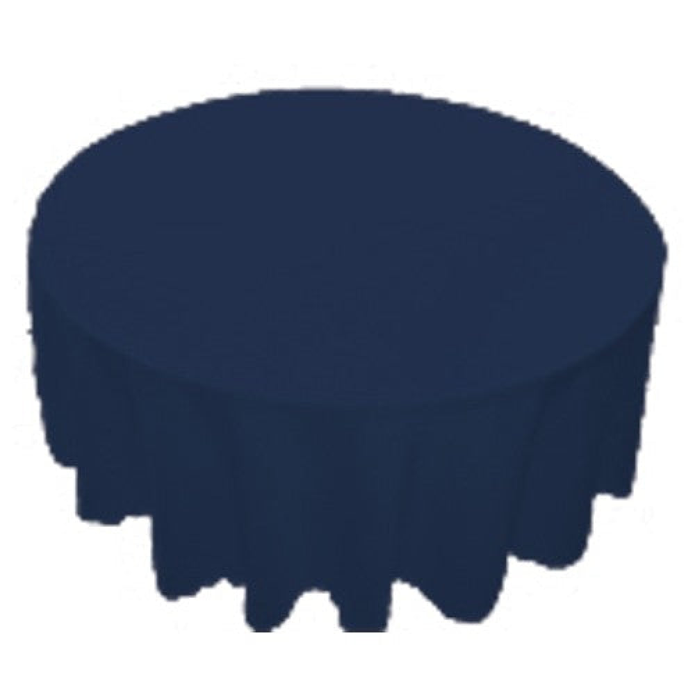 90 inch round navy blue polyester tablecloth for upscale event rentals in Corona, ideal for weddings and parties.