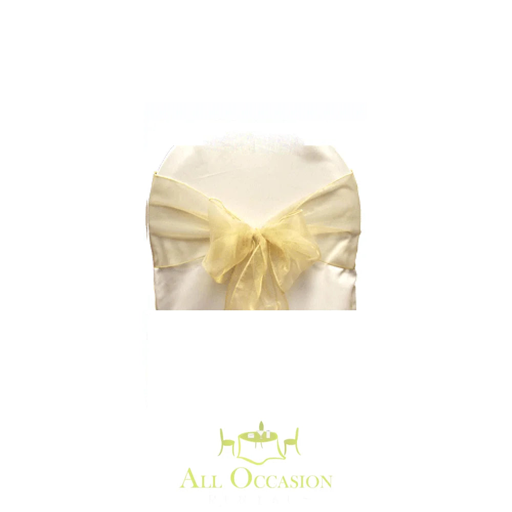 Organza sash in champagne color for chair rental, perfect for weddings and events in Corona.