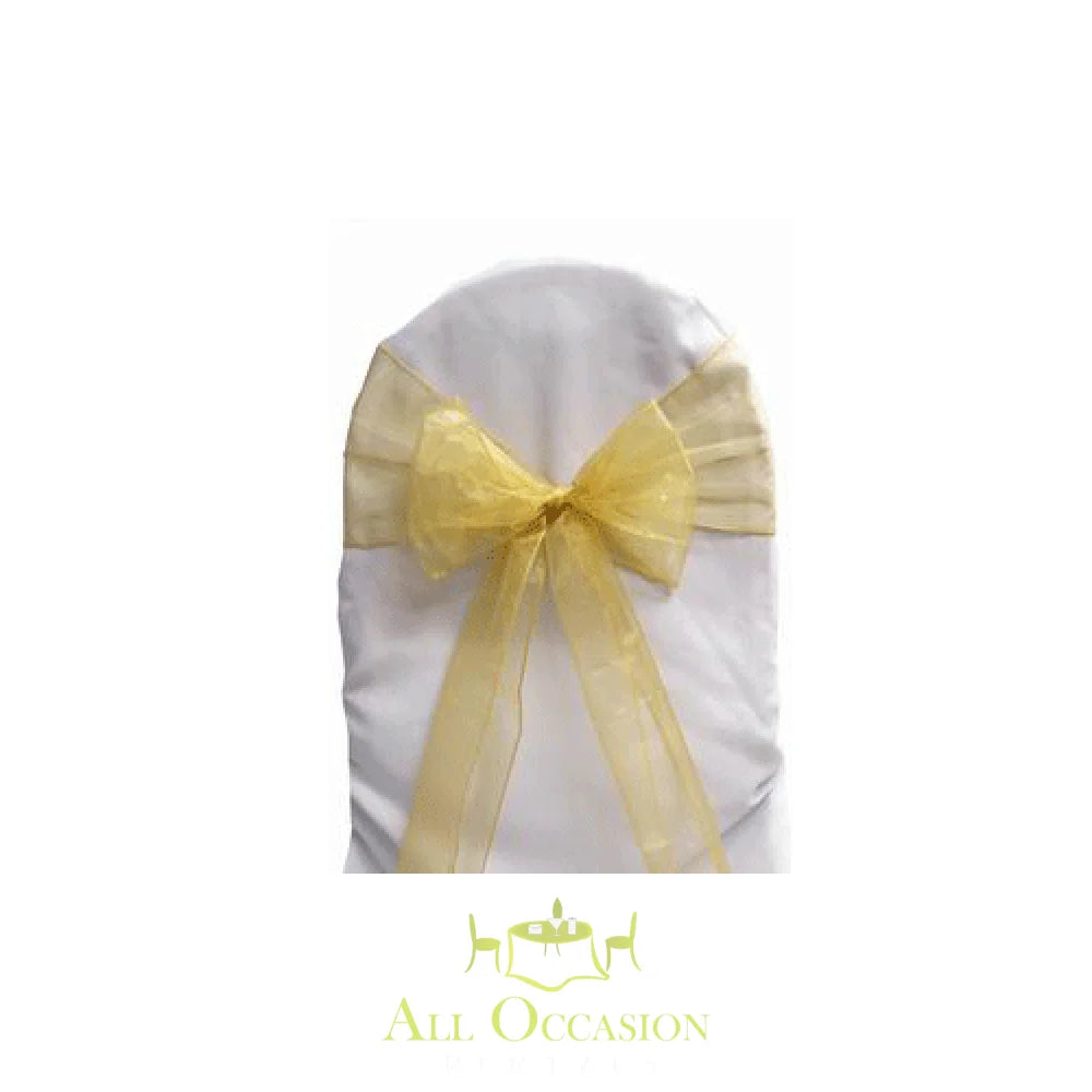 Gold organza sash decor for chair rental in Corona, perfect for events and weddings.