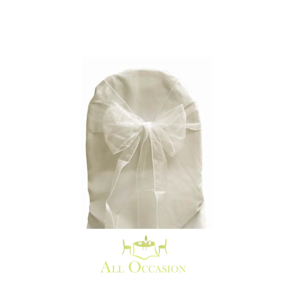 Elegant ivory organza sash with bow on chair, perfect for Corona event rentals and weddings.