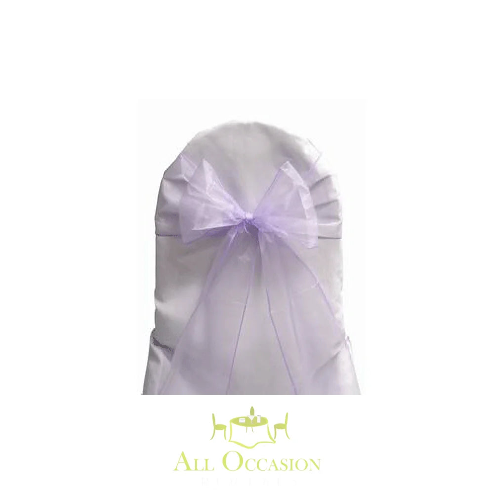 Lavender organza sash for chair rentals at events, perfect for weddings and parties in Corona, CA.