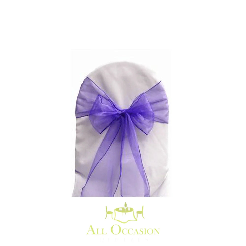 Purple organza sash for event chair rental in Corona, perfect for weddings and parties with stylish decor.