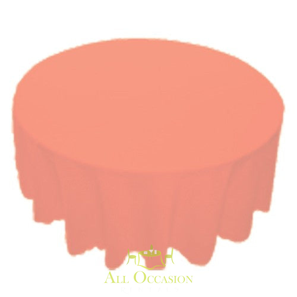Peach round polyester tablecloth, perfect for event rentals, weddings, and banquets in Corona and Inland Empire.