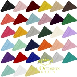 Colorful polyester napkins for event rentals in Corona, including table linen rental and wedding accessories.