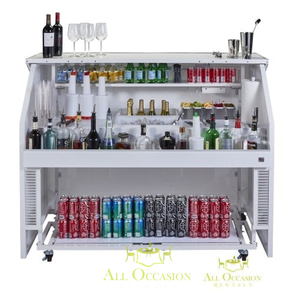 Professional portable glow bar with drinks, glasses, and bar tools for event rentals in Corona.
