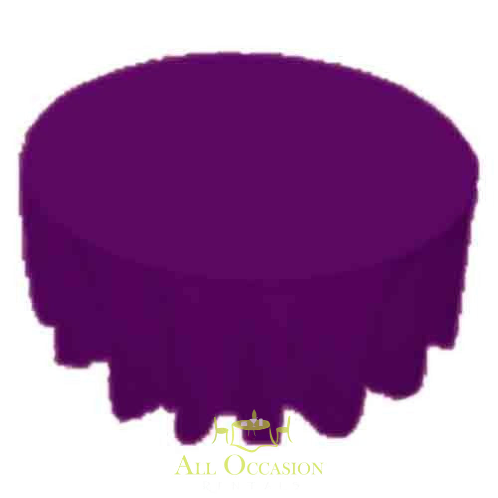 120 inch round purple polyester tablecloth for weddings and events, ideal for banquet tables rental in Corona.