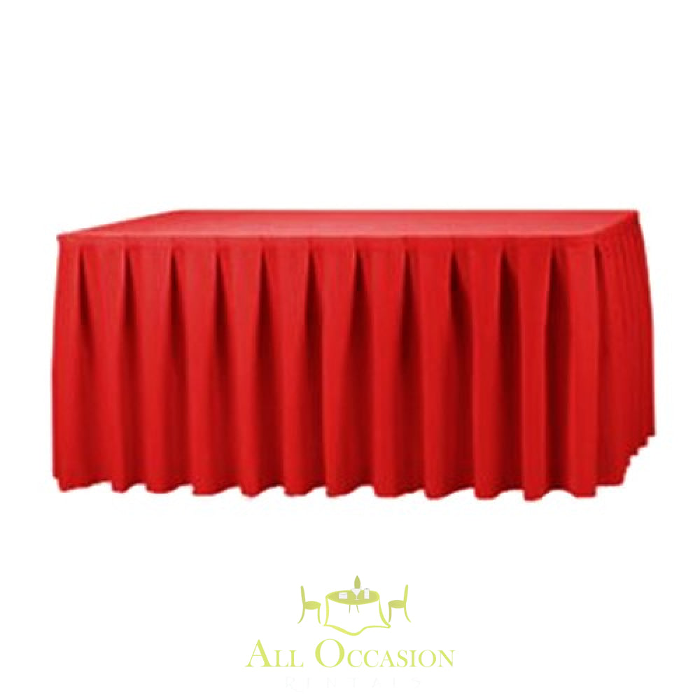 14ft red polyester table skirt ideal for events, rentals for weddings, parties, and banquets in Corona and Inland Empire.