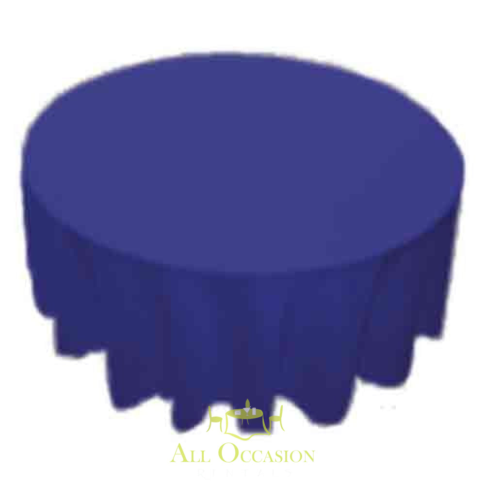120 inch round royal blue polyester tablecloth perfect for weddings and events, available for rental in Corona CA.